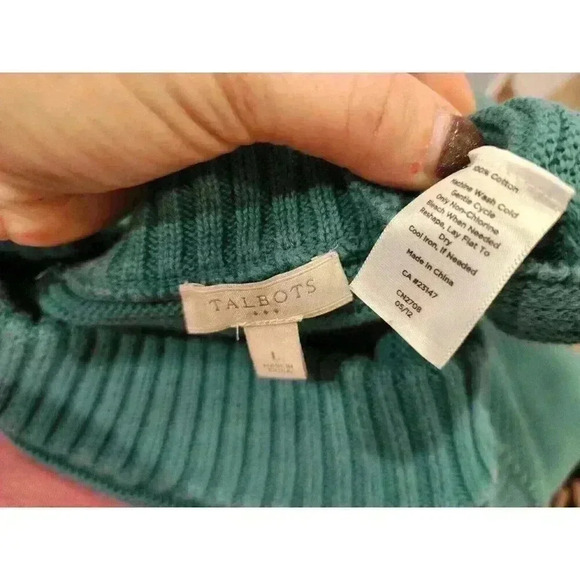 TALBOTS Womens GREEN Ribbed  Sweater Large 100% Cotton 3/4 Sleeve - Picture 4 of 6